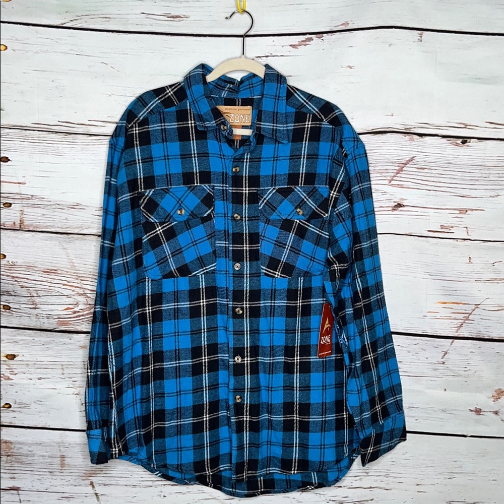 Zone NWT Size XL Blue & Black Plaid Flannel Long Sleeve Button Down Shirt Top